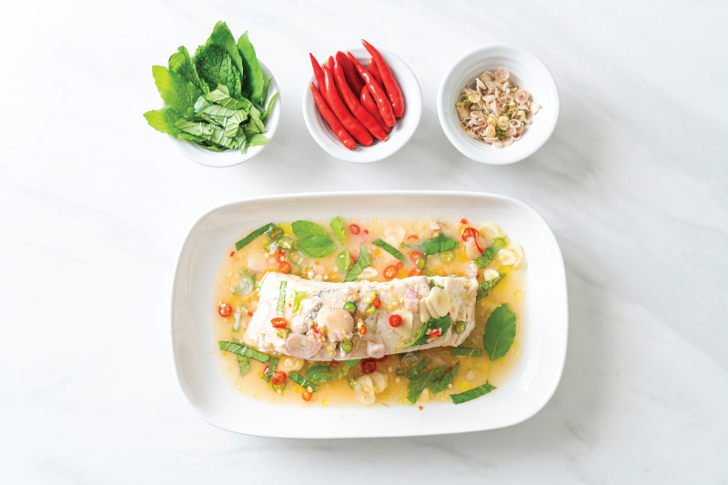 Steamed Sea Bass with Lime and Chilli (ปลากระพงนึ่งมะนาว), Samui Flavours | OurSamui
